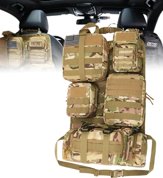 DBTAC Tactical Molle Car Seat Organizer | Vehicle Back Panel with 5X Detachable Pouches, US Flag & Writable Reflective Patch for Cars, Trucks, SUVs, Sedans