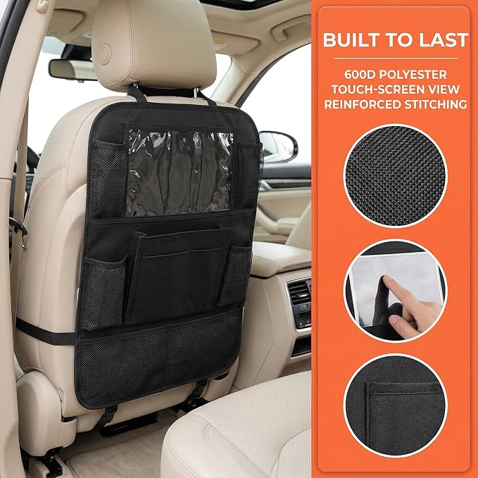 Car Backseat Organizer with Tablet Holder for Kids Toddlers | 9 Storage Pockets, Kick Mats Seat Protector, Waterproof, Universal Fit, Travel Accessories