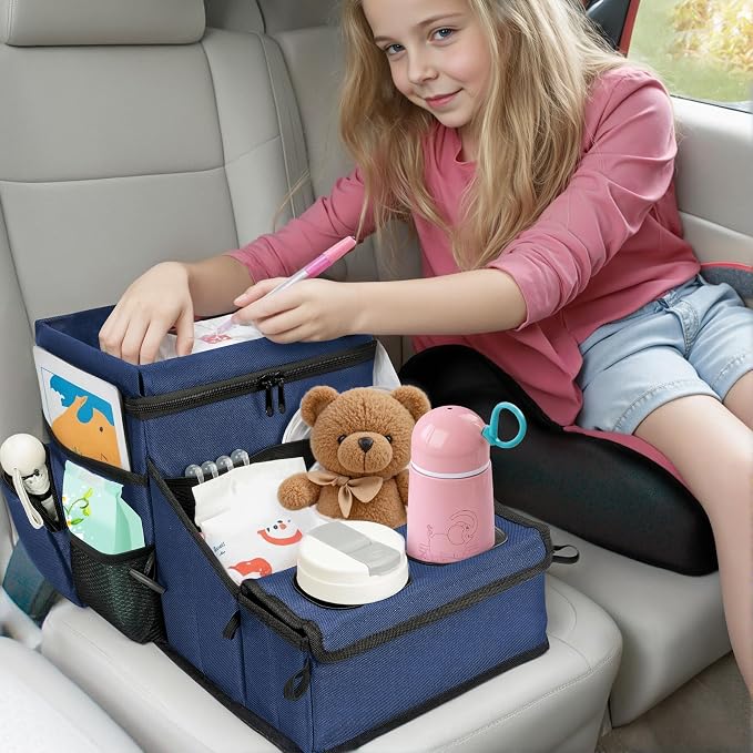 Backseat Organizer for Kids & Adults – Car Seat Cooler Warmer with 2-in-1 Writing Tray, Cup Holders & 11 Storage Compartments | Road Trip Car Organizer for Front & Back Seat (Black) (Navy Blue)
