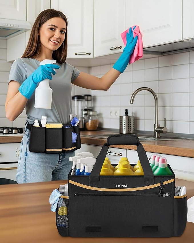 Ytonet Cleaning Caddy Bag with Detachable Apron, Extra Large Cleaning Supplies Organizer with Foldable Dividers, Portable Cleaner Tote with Handle, Cleaner Caddy for Housekeeper, Detailing Bag, Black