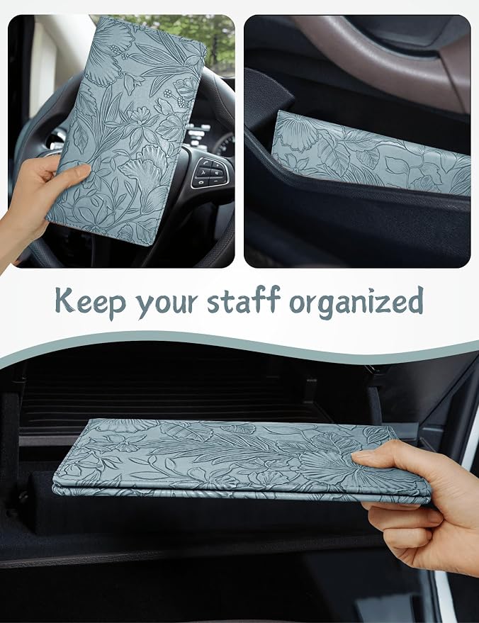 Mymazn Car Registration and Insurance Holder, PU Leather Glove Box Car Organizer with Magnetic Closure, Car Document Holder for Driver's License & Essential Documents (Floral Blue)