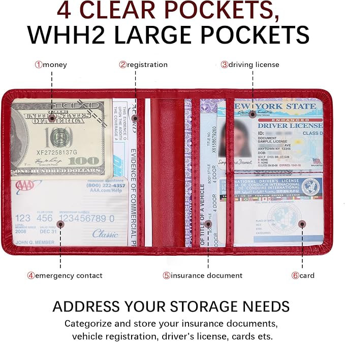 2-Pack Car Registration and Insurance Holder, Car Organization Vehicle Document Organizer with Magnetic Closure for Cards, License in Glove Box, Red