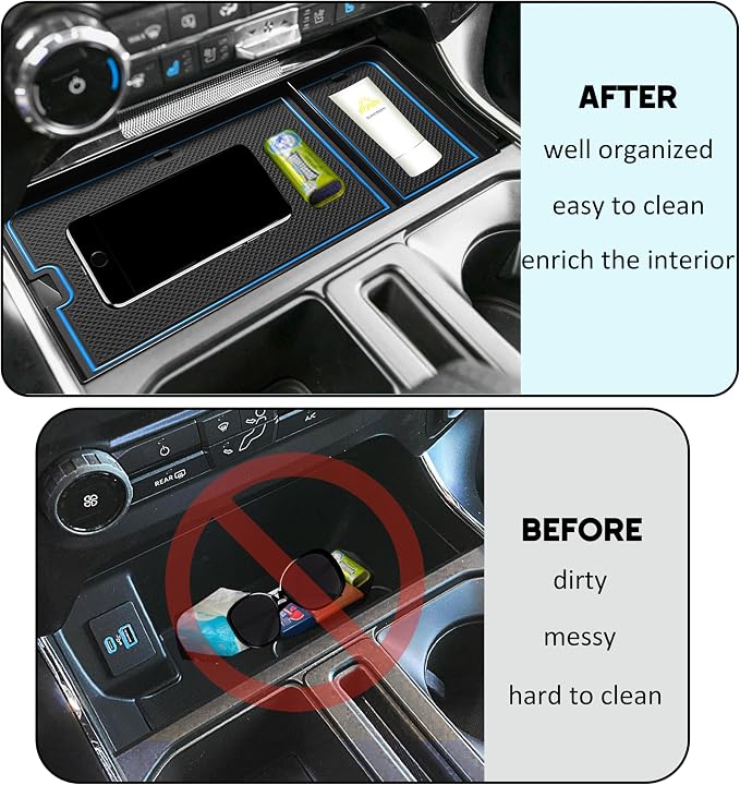 Center Console Organizer Tray for Ford F150 2021-2024/Lightning XLT 2022-2024 Interior Accessories Hidden Insert Storage Box with USB Hole Fit Front Shifter Open Pocket (Blue)