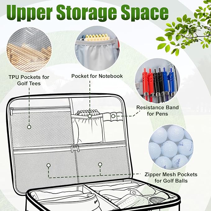 Golf Trunk Organizer, 2 Layer Car Golf Locker with Separate Ventilated Compartment for 2 Shoes, Golf Storage Bag for Golfs Balls, Tees, Glove, Accessories, Black