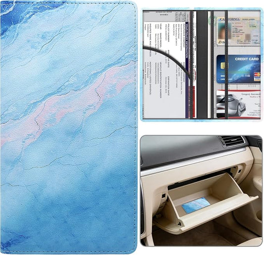Car Registration and Insurance Holder, Premium Pu Leather Vehicle Glove Box Organizer - for Driver License, Cards & Essential Documents (L-Marble)