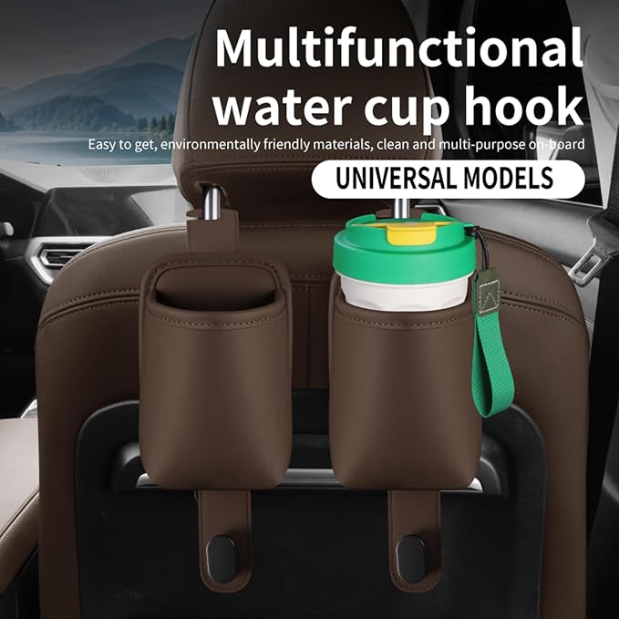 2-Pack Car Seat Back Cup Holder Organizer, Brown | Faux Leather, With Hooks, Universal Backseat Storage, For Drinks, Bottles & Travel Accessories