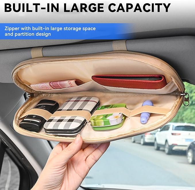 Car Sun Visor Organizer, Sunglass Holder and Storage Pocket, Card Cash Pouch with Multi-Pocket Net Zipper, Case Bag for License Pen Key, Auto Accessories for Truck, SUV, Van (Black)