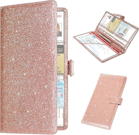 RSAquar Car Registration & Insurance Holder, Vehicle Glove Box Organizer, Cool Accessories for ID, Driver License Cards & Essential Documents, Glitter Rose Gold