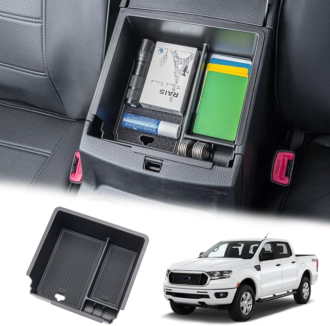 PIMCAR Compatible with 2019 2020 2021 2022 2023 Ford Ranger Center Console Organizer ABS Plastic Material Armrest Box Insert Tray Accessories (Not for 2023 Ranger XL/Raptor/Wildtrak)-Black Trim