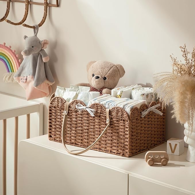 HBlife Baby Diaper Caddy, Paper Rope Storage Baskets Nursery Bin with Removable Divider, Portable Car Organizer for Diapers, Baby Shower Gifts, Newborn Essentials Must Haves