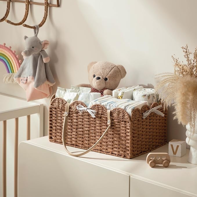 HBlife Large Baby Diaper Caddy, Paper Rope Storage Baskets Nursery Bin with Removable Divider, Portable Car Organizer for Diapers, Baby Shower Gifts, Newborn Essentials Must Haves