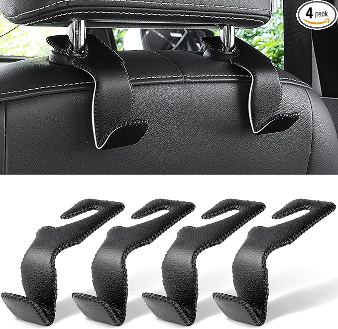LivTee Headrest Hook for Car, Back Seat Organizer Black Leather Hanger Holder Hook, Interior Car Accessories for Hanging Purses Bags Coats, 4 Pack