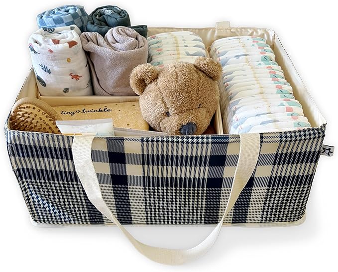 Tiny Twinkle Diaper Caddy Organizer, Gingham | Foldable Baby Storage Basket, Removable Divider, Waterproof & Mess-Proof Fabric, Portable Nursery Organizer