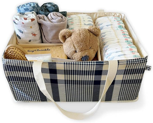 Tiny Twinkle Diaper Caddy Organizer, Gingham | Foldable Baby Storage Basket, Removable Divider, Waterproof & Mess-Proof Fabric, Portable Nursery Organizer