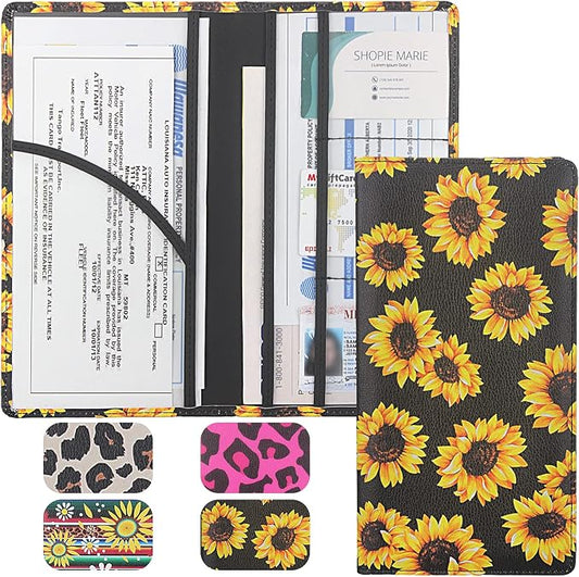 LumiMokki Premium Car Registration & Insurance Card Holder with Magnetic Shut, Vehicle Glove Box Car Organizer - For Documents, Cards, License (Sunflower B)