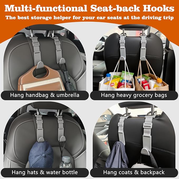 Amooca Car Headrest Hooks 4 Pack Adjustable Universal Fit Auto Seat Back Organizer Storage Hanger Purse Bags Holder with Clip Gray