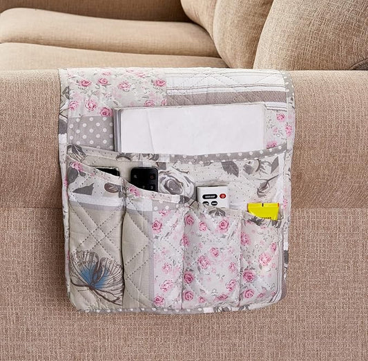 Brilliant Sunshine Grey Cupid and Pink Roses Patchwork Couch Armrest Organizer, Non Slip Armchair Caddy for Sofa Recliner, Washable Remote Control Holder, Storage for Magazine, Phone, iPad (35"×13")