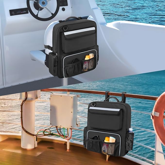GRAOSO Boat Organizers and Storage, Boat Back Seat Carrying Bag with Rubber Handle and Adjustable Back Belt, Multiple Pockets for Boat Accessories, Black