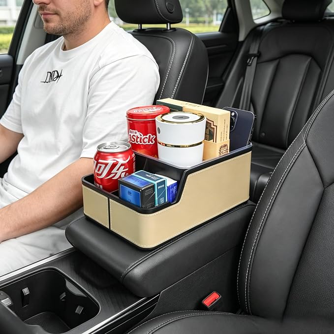 Car Organizer Between Back Seat,Car Armrest Storage Box with Compartment,Multifunctional Front Seat Organizer,Center Console Cup Holder Tray,Car Seat Organizer with Non-slip Mat(Beige)