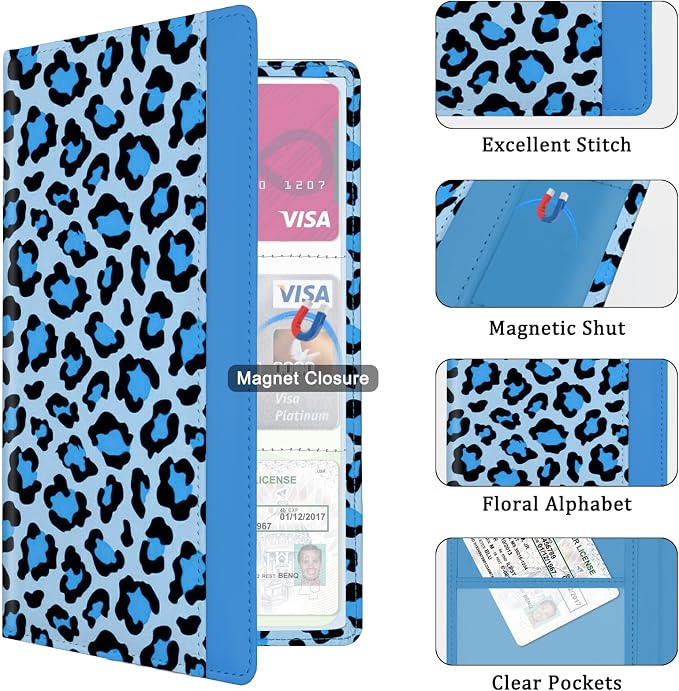 Car Registration and Insurance Holder, with Magnetic Closure for License, Cards and Documents, All Vehicle Needs and Car Accessories (Leopard-Blue)