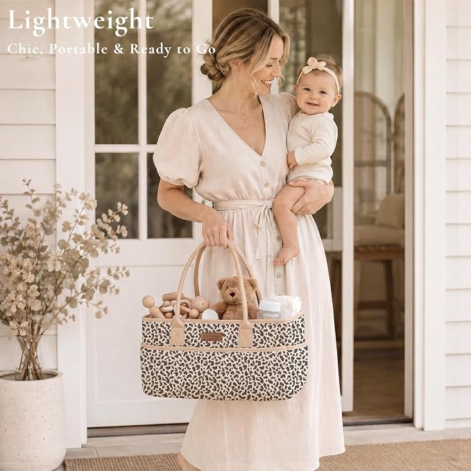 Konssy Quilted Diaper Caddy Organizer, Diaper Caddy Basket with PU Leather Handles, Water-Repellent Nursery Storage Basket, Portable Car Organizer, Registry Search Must Haves (Little Leopard)