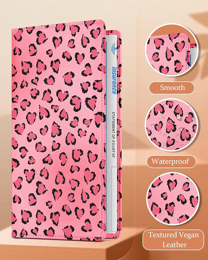 Slohif Car Registration and Insurance Card Holder - Leopard Vehicle Glove Box Organizer Women with Magnetic Shut Leather Automobile License Holders Coasters Auto Accessories Case for Document