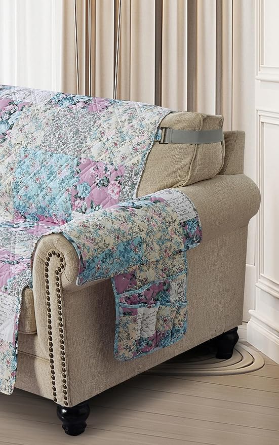 Brilliant Sunshine Lilac and Egg Blue Roses Patchwork Couch Armrest Organizer, Non Slip Armchair Caddy for Sofa Recliner, Washable Remote Control Holder, Storage for Magazine, Phone, iPad (35"×13")