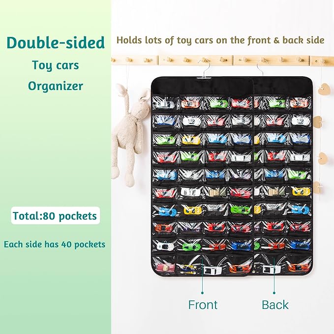 Hanging Organizers for Toy Car Double Sided 80 Pockets Display Case for Toy Cars (Without Toy Cars) (80 Slots Black)