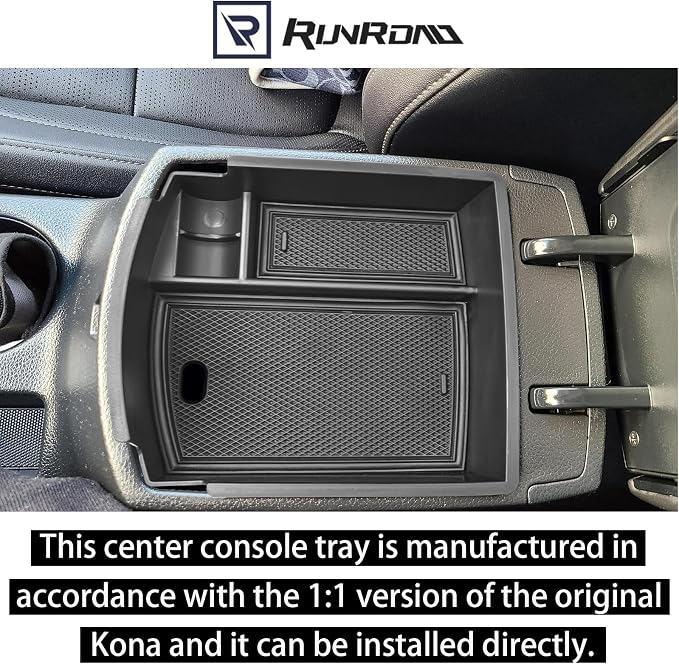 RUNROAD Center Console Organizer Tray Compatible with Hyundai Kona 2018-2023 Accessories, Insert Armrest Tray Console Storage Box Kona Organizer ABS Dividers Coin Holder, Black