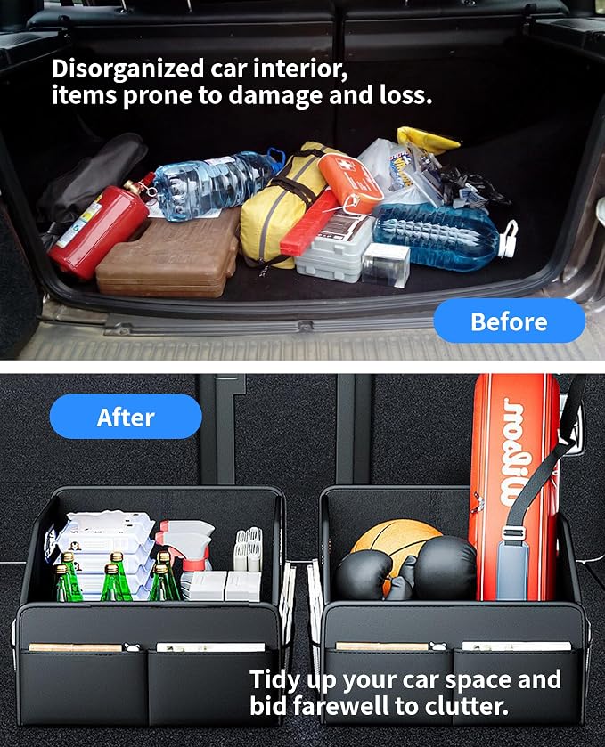 Car Storage Organizer, Foldable with Removable Dividers, PU Leather Seat Organizer with Metal Handle, Non-Slip Stable Design, Passenger Front Seat Storage for Back Seat & Floor, 12.6 Inches