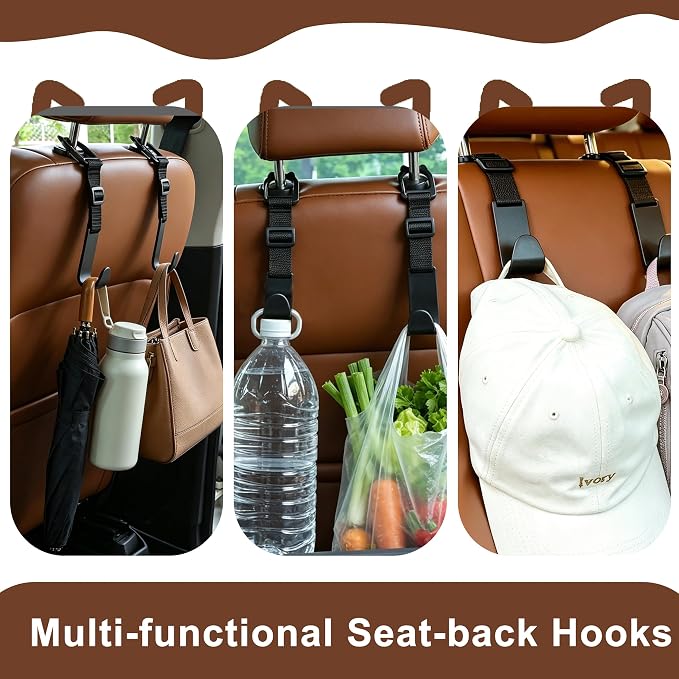 Universal Car Headrest Hooks 4 Pack, Adjustable Seat Back Organizer Hanger with Secure Clip, Black Multipurpose Holder for Purse, Bags, Coats and Grocery