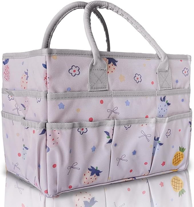 Cupohus Art Organizer Craft Storage Tote Bag with Pockets and Handles, Oxford Fabric Carrying Caddy for Teacher, Officer, Artist, Traveler, and More-Pink Fruit