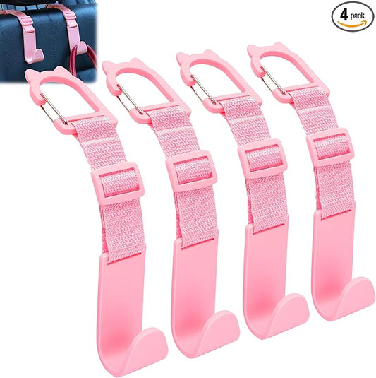 Amooca Car Headrest Hooks 4 Pack Adjustable Universal Fit Auto Seat Back Organizer Storage Hanger Purse Bags Holder with Clip Pink