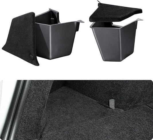 BASENOR 2025 2026 Tesla Model Y Trunk Storage Bins, (Proprietary Design) Trunk Organizer with Carpeted Lid, Rear Trunk Side Storage Box for 5-Seats Model Y Juniper Interior Accessories