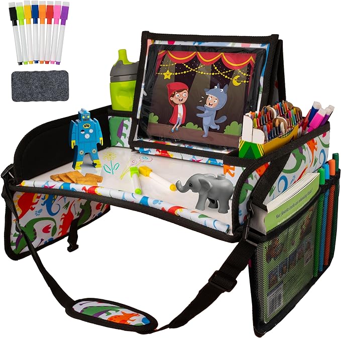 Lusso Gear Kids Car Seat Travel Tray - Dry-Erase Tablet Holder for Road Trip Activities - Cup Holder & Storage for Toddler Travel Essentials - Plane Activity Tray for Airplane Essentials - Dinos