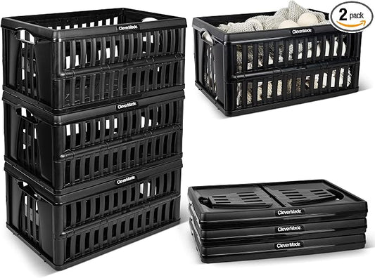 CleverMade 60L Collapsible Utility Crate (66 lb Capacity), Heavy Duty Folding Storage Crate, Stackable Plastic Organizer for Car Trunk, Garage & Groceries, 23 x 15 x 12 in, Obsidian