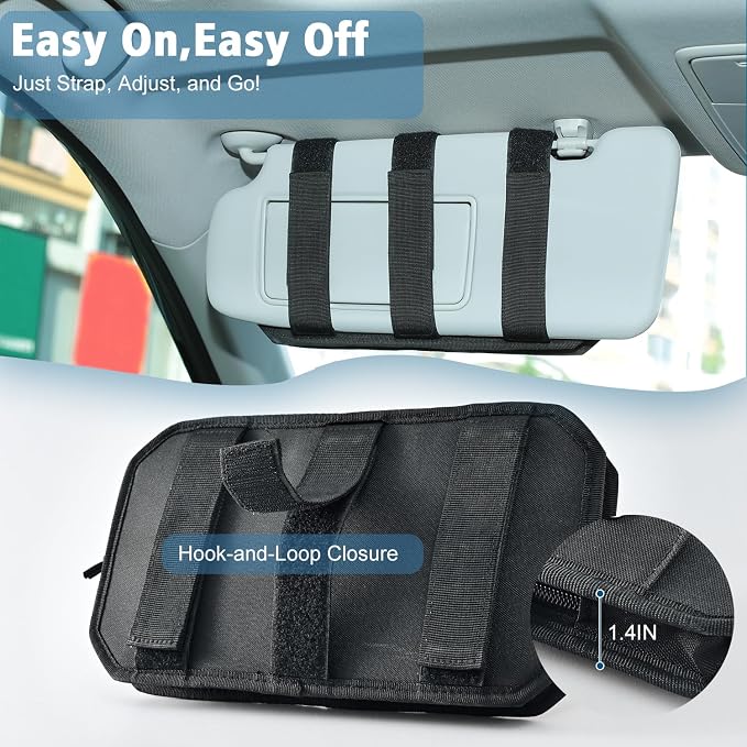 MOLLE Car Sun Visor Organizer, Semi-Rigid No-Sag Panel with Zipper Pouch, Glasses Clip & ID Slot, Tactical Visor Storage for Trucks SUVs Cars