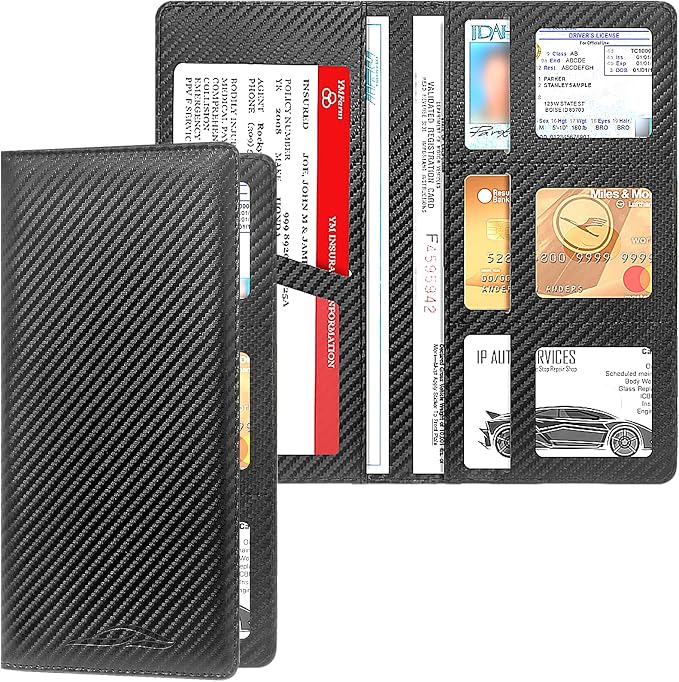 Car Registration and Insurance Holder, Premium Leather Insurance and Registration Holder,vehicle Glove Box Car Organizer, with Magnetic Shut for Cards, Driver License (Carbon Fiber Black-L)