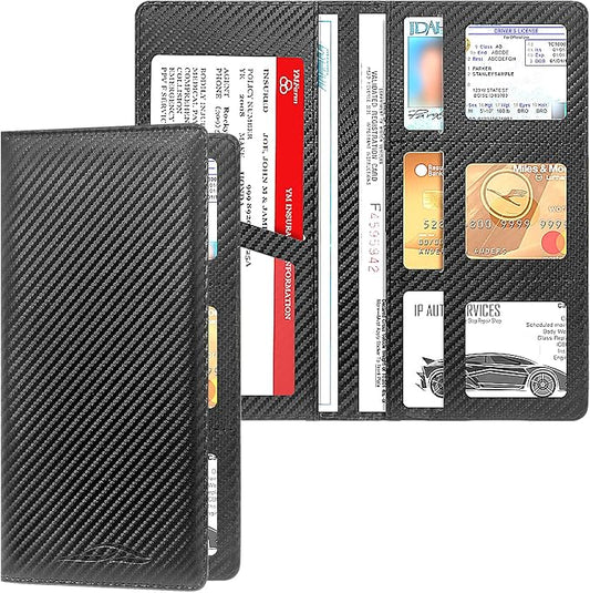 Car Registration and Insurance Holder, Premium Leather Insurance and Registration Holder,vehicle Glove Box Car Organizer, with Magnetic Shut for Cards, Driver License (Carbon Fiber Black-L)