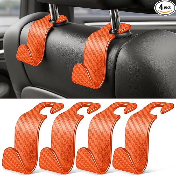 SINGARO Universal 4 Pack Car Seat Headrest Purse Hook, Carbon Fiber Back Seat Hook Storage Organizer Hanger for Purse Handbag Coat, Car Interior Accessories(Orange)