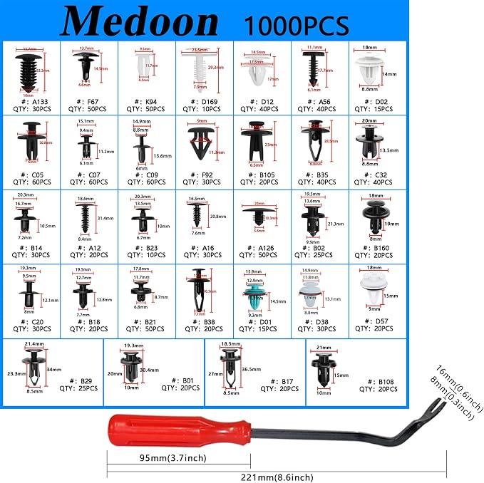 Car Retainer Clips 1101 PCS Car Door Panel Trim Clips Kit 32 Most Popular Sizes Cars Body Kits 1 Pcs Fastener Remover for Ford GM Toyota Honda Chrysler BMW Benz Nissan Subaru Audi Mazda
