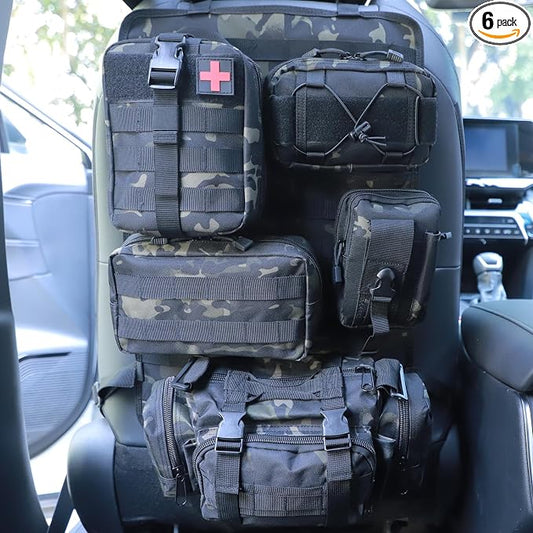 Tactical Car Seat Back Organizer Bag Tactical Molle Vehicle Organizers Panel Vehicle Protector Organizers with 5 Detachable Pouches for Car Truck Ford (Black camo)