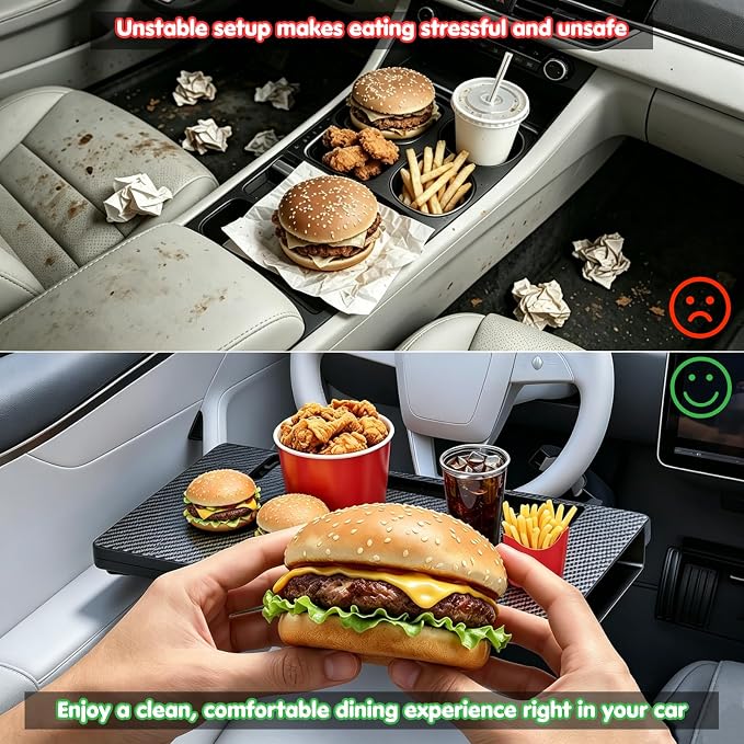 2-in-1 Car Steering Wheel Desk & Seat Gap Organizer Tray | Carbon Fiber Finish, Foldable Adjustable, Multi-use for Laptop Work, Eating and Storage, Gifts for Truck/ Tesla or SUV Owners