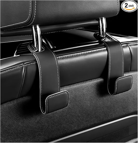2 PCS Car Seat Headrest Hook, Microfiber Leather Purse Hooks Back Seat Storage Organizer, Auto Interior Headrest Holder for Hanging Bag Coat Grocery, Car Accessories (Black)