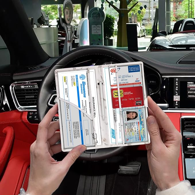 TOURSUIT Car Registration and Insurance Card Holder, Vehicle License Document Glove Box Compartment Organizer, Interior Car Accessories for Women Men (Marble Grey)