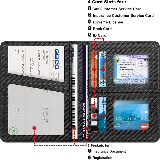 Car Registration and Insurance Holder, Premium Leather Insurance and Registration Holder,vehicle Glove Box Car Organizer, with Magnetic Shut for Cards, Driver License (Carbon Fiber Black-M)
