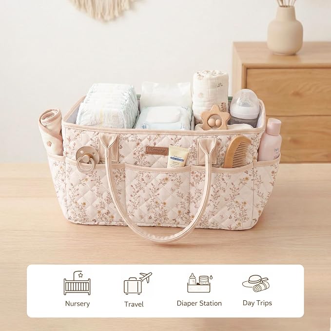 Konssy Floral Quilted Diaper Caddy Organizer, Diaper Caddy Basket with PU Leather Handles, Water-Repellent Nursery Storage Basket, Portable Car Organizer, Registry Search Must Haves (Floral)