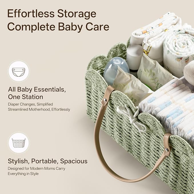 HBlife Large Baby Diaper Caddy, Paper Rope Scalloped Storage Baskets Nursery Bin with Removable Divider, Portable Car Organizer for Diapers, Baby Shower Gifts, Newborn Essentials Must Haves, Green