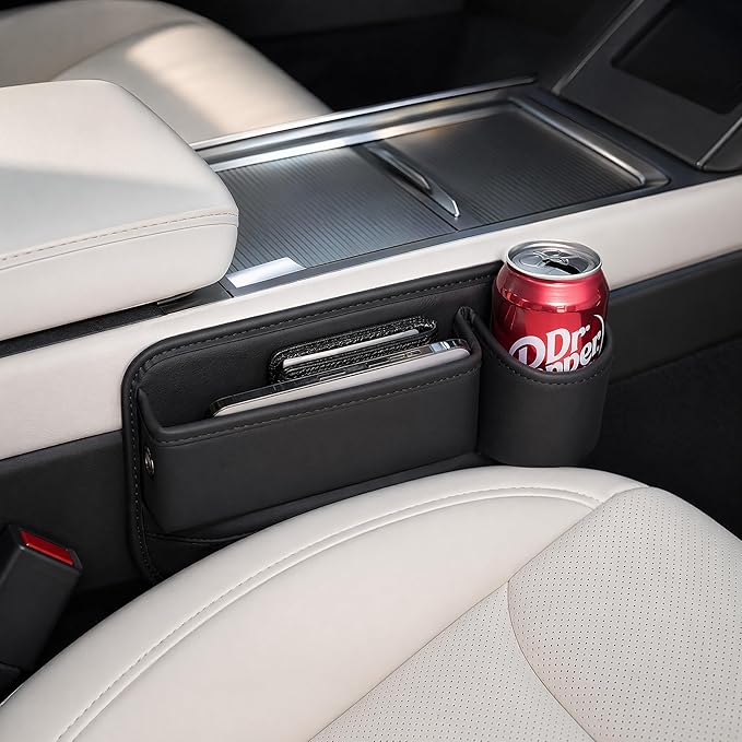 2 Pack Car Seat Gap Organizer with Cup Holder, Multipurpose Leather Car Seat Gap Filler, Universal Front Seat Storage Box for Cell Phones, Wallets, Keys, Cards, Car Interior Accessories