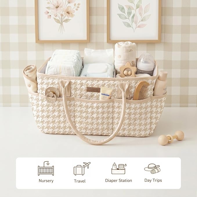 Konssy Quilted Diaper Caddy Organizer, Diaper Caddy Basket with PU Leather Handles, Water-Repellent Nursery Storage Basket, Portable Car Organizer, Registry Search Must Haves (Apricot Hound)